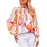 MASCOMODA Womens Blouses 2025 Spring Boho Floral Ruffle High Neck Long Sleeve Tops Dressy Casual Smocked Chiffon Work Shirts