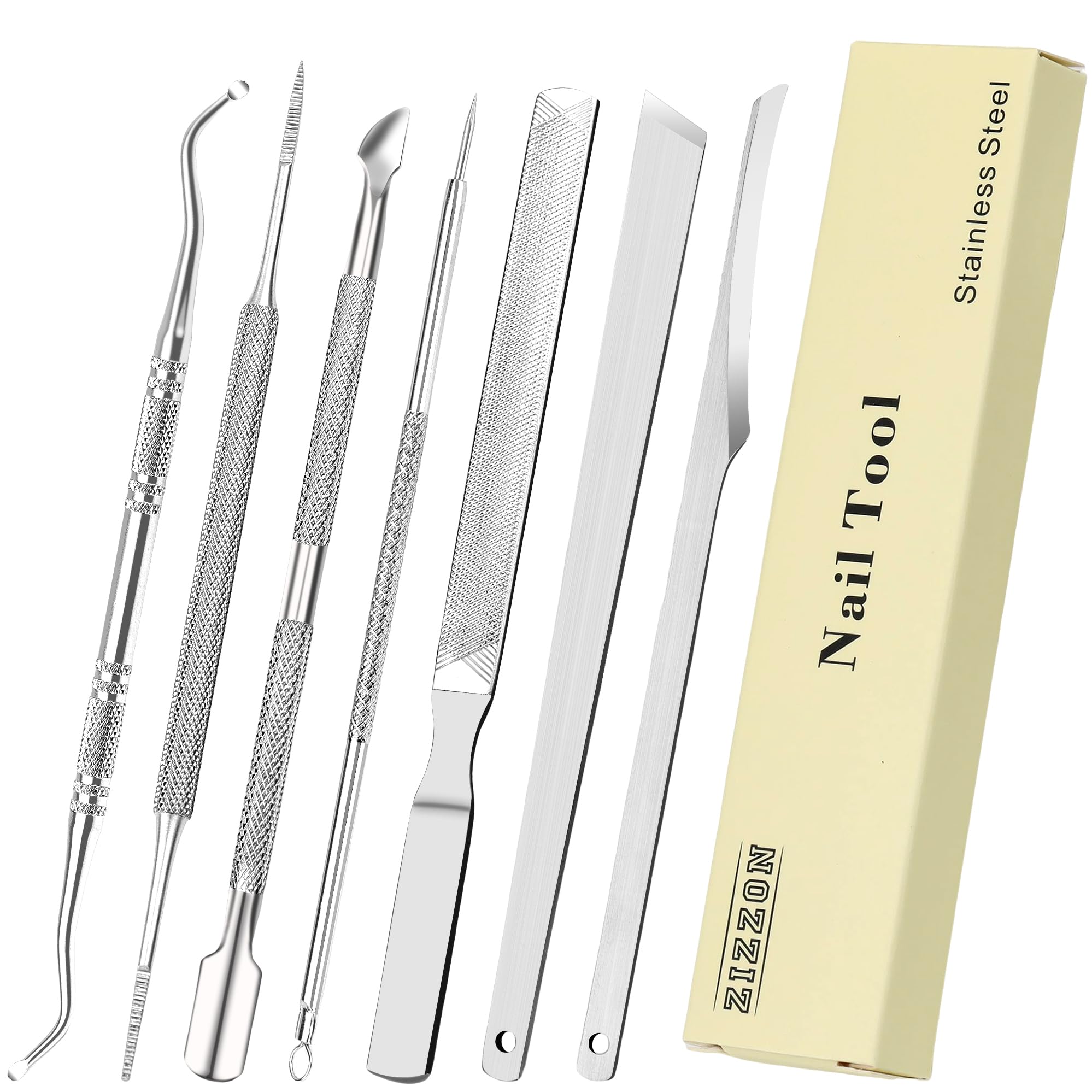 ZIZZON 7 Pcs Ingrown Toenail File and Lifters Set, Stainless Steel Ingrown Toenail Removal Kit, Manicure Treatment Under Nail Cleaner Pedicure Tools, Silvery