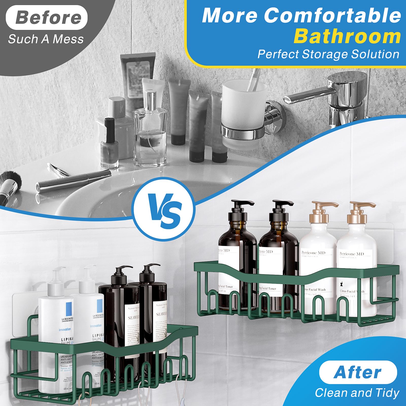 EUDELE 5-Pack Rustproof Stainless Steel Shower Caddy – No Drill Adhesive Bathroom Organizer with Large Capacity, Spacious Shower Shelves for Inside Shower, Kitchen & Home Decor Storage-XL Size