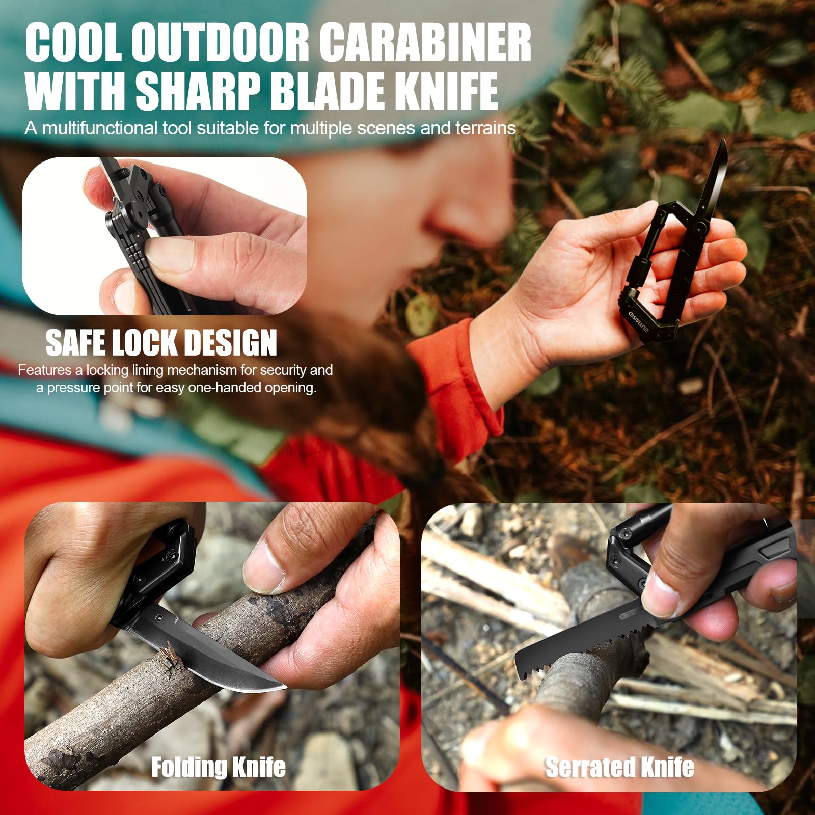 8en1 Karabiner Multitool mit Taschenmesser Säge Seilschneider Schraubendreher Dosen Flaschenöffner Lineal Klappmesser Geschenke für Männer Camping Zubehör Wandern (Schwarz) 5