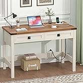 YOMILUVE Farmhouse Computer Desk with 2 Drawers, 39 Inch Small Office Computer Desk with Power Outlets, Compact Writing Study