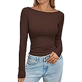 PRETTYGARDEN Long Sleeve Shirts for Women 2026 Fall Boat Neck Ribbed Knit Ruched Spring Going Out Tops Casual Basic Tees