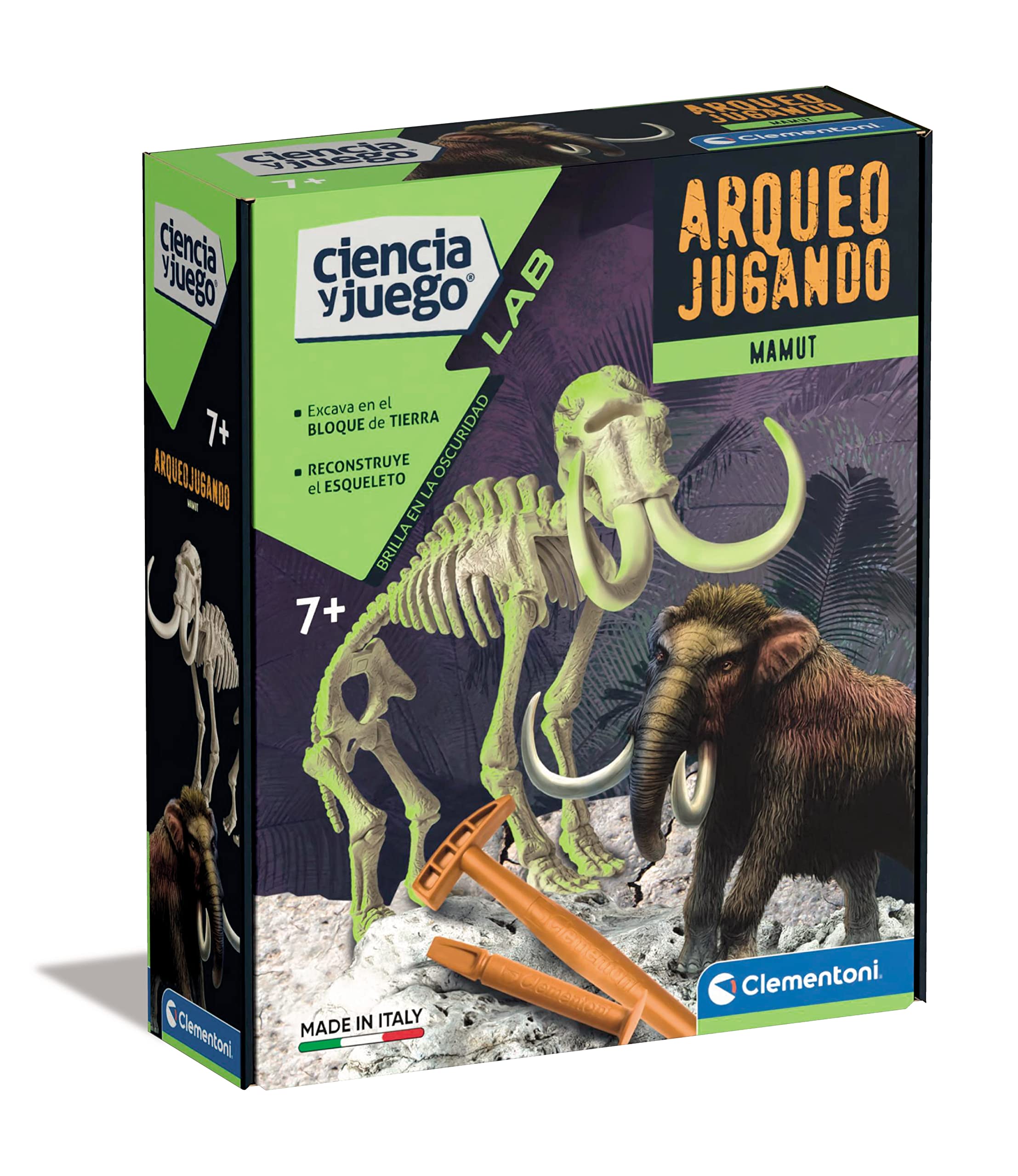 Clementoni - Archaeoplaying Phosphorescent Mammoth - Scientific Game for Digging and Riding Dinosaurs Ages 7+ - Toy in Spanish (55027)