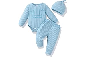 Renotemy Newborn Baby Boy Fall Clothes, Long Sleeve Letter Printed Rompers Plaid Pants Hat Outfits Clothing Set 0-18 Months