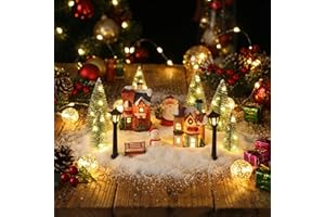 Soulchen 14 Pcs Christmas Village Set for Table Top Centerpiece Decor with Lights Mint Scented Candle Christmas Town Decorations Lighted Scene Figurines Building for Xmas Party Decor DIY Gifts