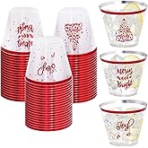 I00000 60PCS Christmas Red Plastic Cups Christmas Disposable Cups 9 Oz Plastic Holiday Cup Wine Glasses Red Rim Clear Cocktail Cups Tumblers Clear Drinking Glasses for Xmas Parties