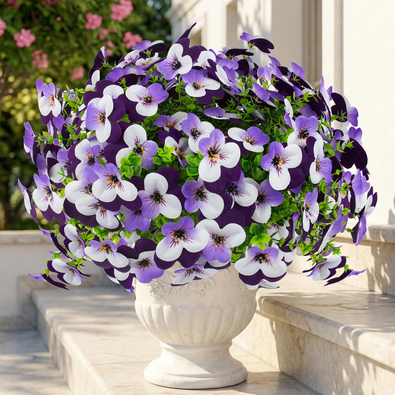 16 Pcs Artificial Pansy Flowers for Outdoors Purple Faux Silk Spring Flowers for Outside, UV Resistant Realistic Pansies for Window Front Door Porch Home Decor (16, Light Purple,White,Purple)