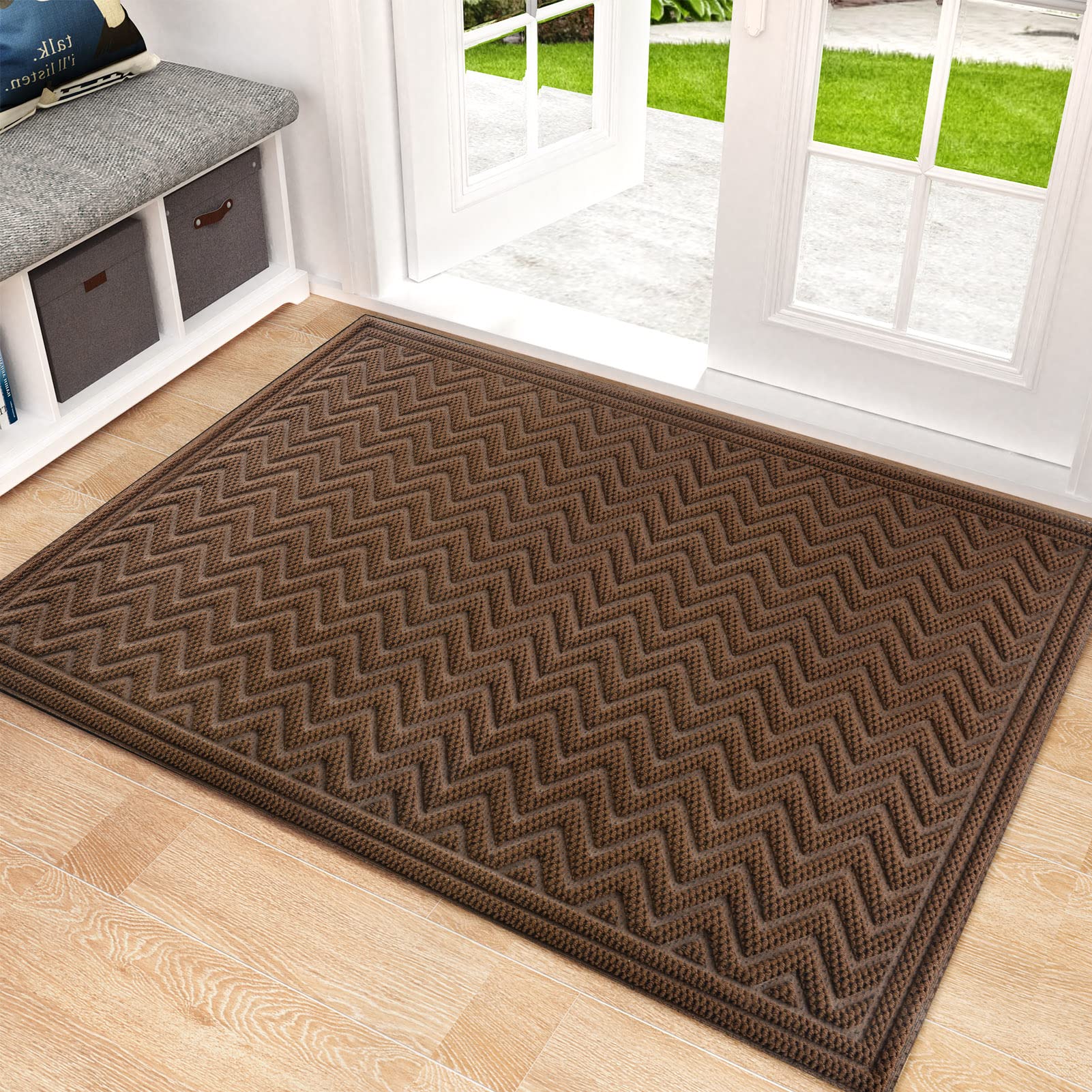 Mibao Front Door Mat, Dirt Trapper Welcome Mat for Outdoor Indoor, Non-Slip Waterproof Doormat, Durable Machine Washable Low Profile Entry Rug for Back Door Outside Patio, 61.5" x 36", Coffee Wave
