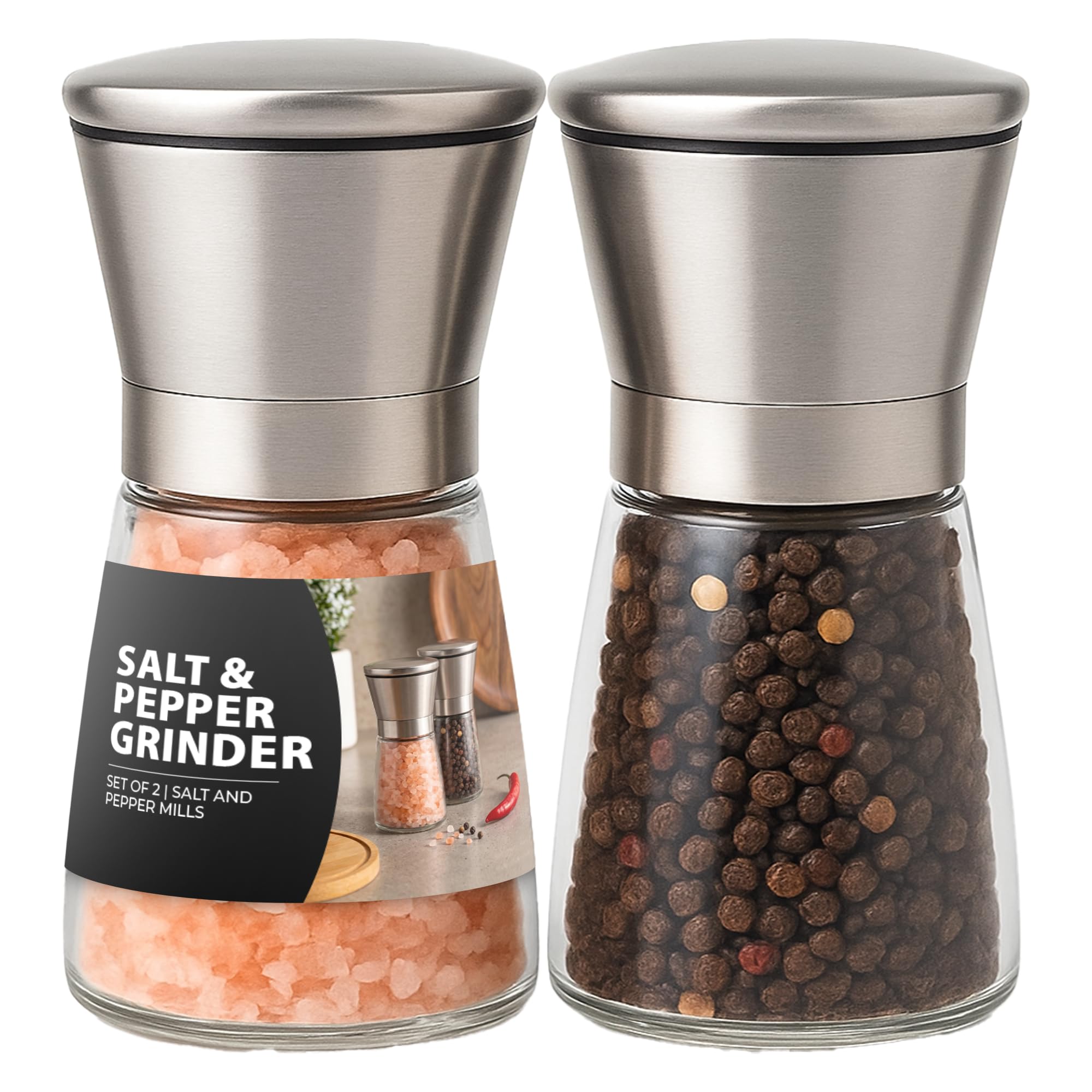 ZENO Salt and Pepper Grinder - Set of 2 | Salt and Pepper Mills | Stainless Steel Salt and Pepper Grinder Set | Pepper Grinder | Salt Grinder