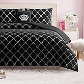 Juicy Couture Plush Reversible Trellis Link 4-Piece Full/Queen Comforter Set with Decorative Pillow, Black