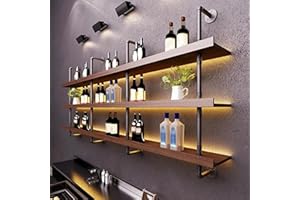 100cm Large Wine Rack with LED Light Solid Wood Wall Mounted Wine Rack, 3-Tiers Liquor Bottles Floating Shelves Display Stora