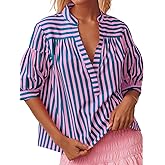 Ymejia Womens Short Puff Sleeve Striped Blouses Top V Neck Loose Fit Casual Summer Work Blouses Striped Shirt