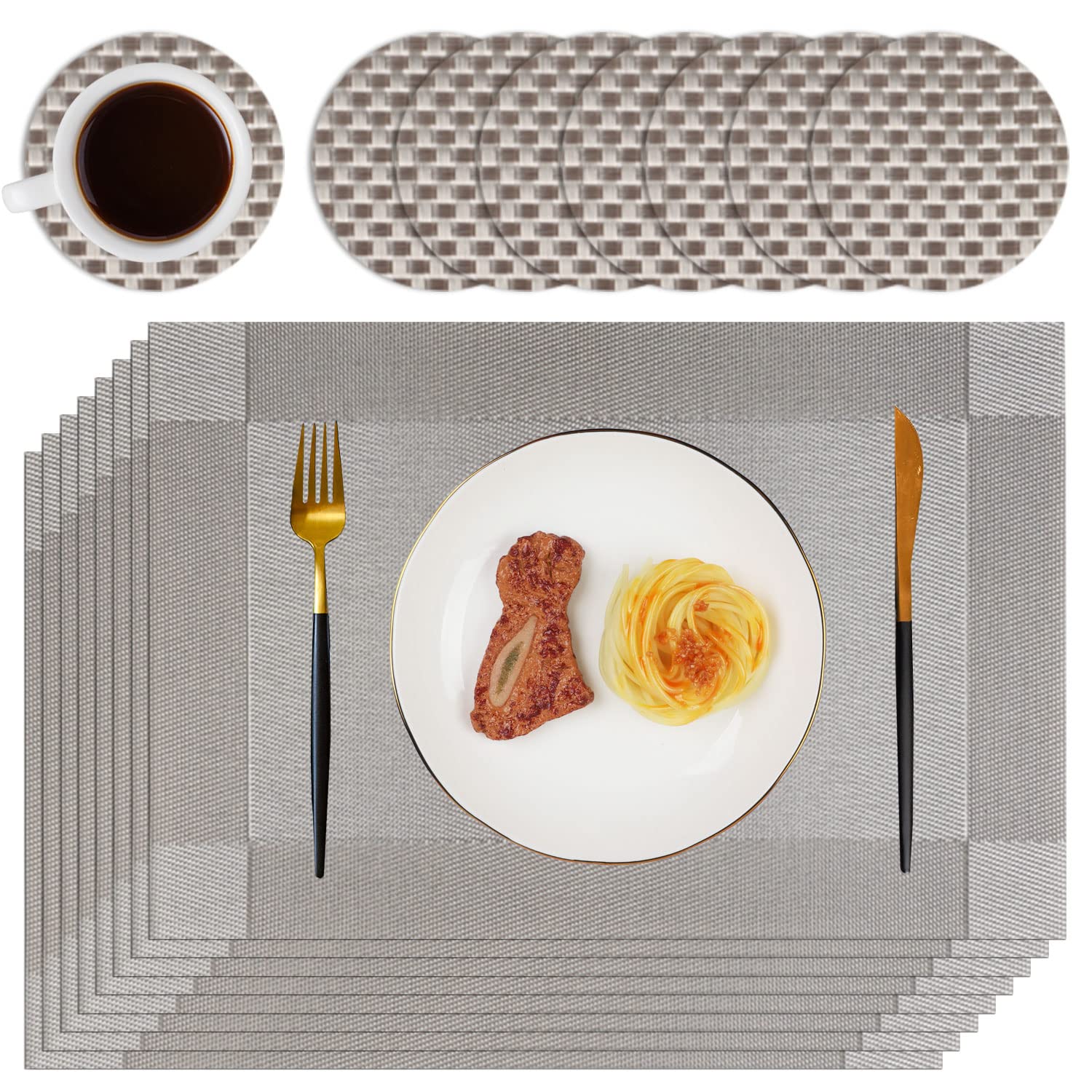 Homcomodar Placemats and Coasters Set of 8 Heat Resistant Table Place Mat Plastic Woven Dining Table Mats Washable Placemat for Kitchen Dinner(Grey) — image 1