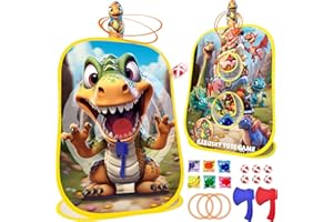 RABOSKY 4-in-1 Dinosaur Toss Game for Kids 3-5 4-8 Axe Throwing Ring Toss Bean Bag Cornhole Game Set, Indoor Outdoor Backyard Toddlers Toys Gifts for Boys Birthday Party Activities Valentine Easter Christmas