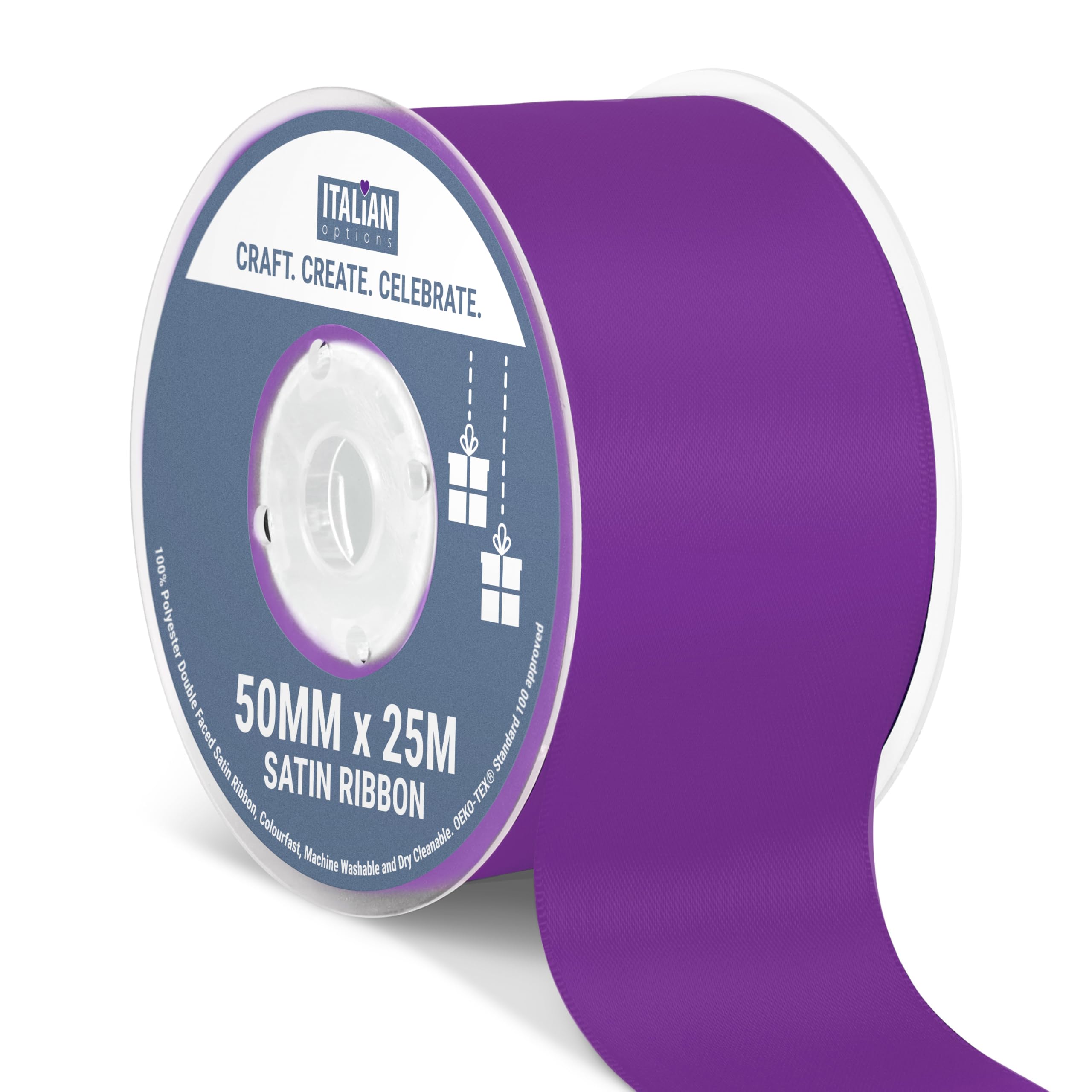 Italian Options Satin Ribbon, Fabric Ribbons for Gift Wrapping, Crafting, Balloons, Wedding Car, Presents, Cake, Christmas, Birthday, Gift Wrap Accessories, 50mm Wide x 25 Metre Roll, Purple