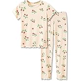 Beezizac Toddler & Little Girls Pajamas Cute Ditsy Floral/Strawberry Fruit Tee & Pants PJ Spring Set Kid Size 2T- 10