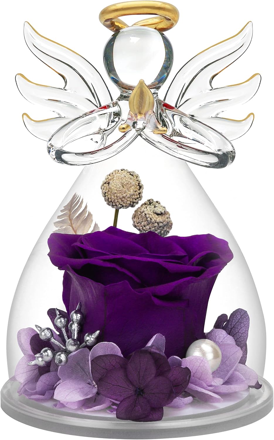Dried & Preserved Flora - Valentines Day Rose Gifts for Her,Fresh Flowers for Delivery,Birthday Gifts for Women Mom,Preserved Flowers in Glass Angel Figurine,Angel Mothers Day Rose Gift for Mom Grandma,Purple Gift Valentines