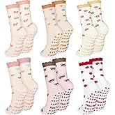 Ramede 6 Pairs Cute Pilates Socks with Grip Ruffle Non Slip Crew Sock for Women Yoga Barre Ballet Dance Workout Hospital Home