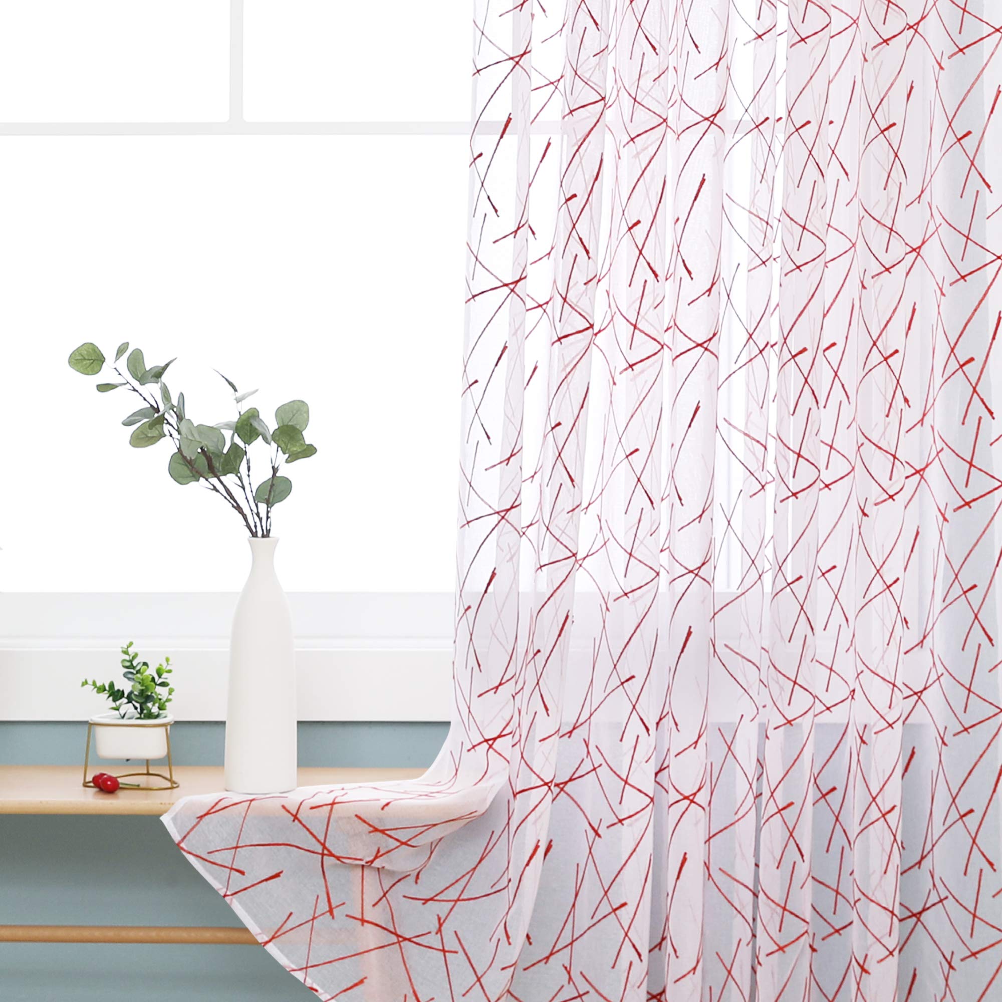 Deconovo Home Decorative Linen Effect Voile Curtains Embroidered Patterned Curtains Eyelets Top Rings Sheer Curtains for Kids Room 55 x 90 Inch Orange One Pair