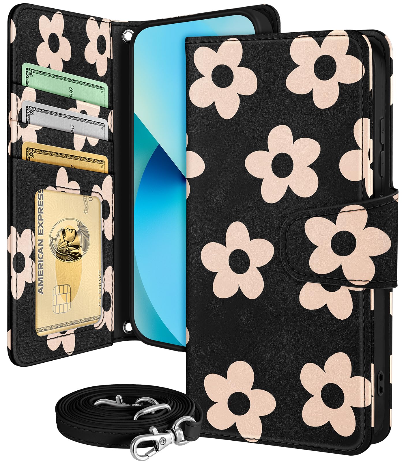 Buleens for Samsung Galaxy S23 Wallet Case for Women - S23 Flip Case with Card Holder Leather Cute Aesthetic Phone Cover with Crossbody Strap, Black Flower