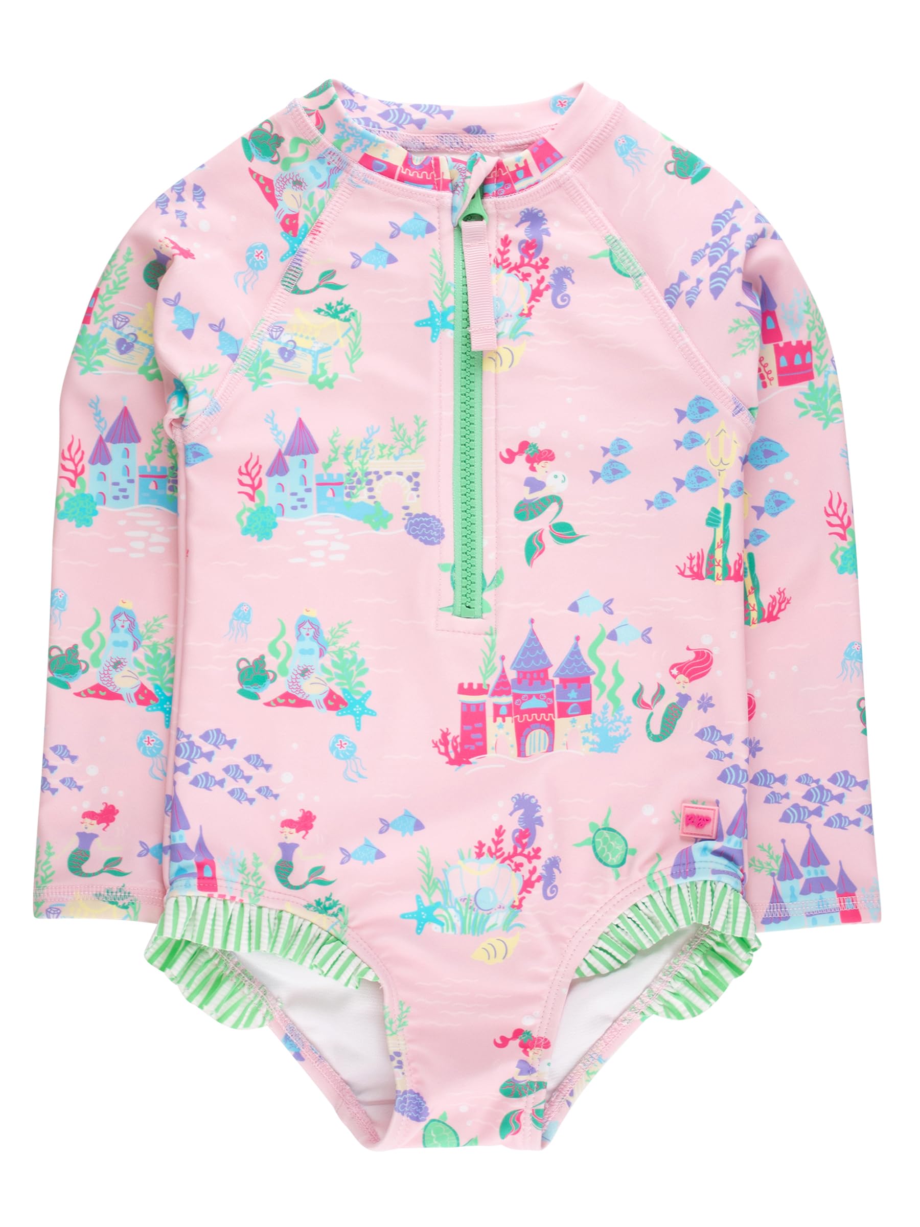 RuffleButts Girls UPF50+ Sun Protection Front Zipper Long Sleeve Rash Guard One Piece Swimsuit - Atlantis Mermaids, 7 Image