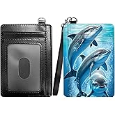 RWUTYTIUL Dolphins Slim Minimalist Wallet with Lanyard Strap, PU Leather Front Pocket Wallet RFID Blocking Credit Card Holder Card Cases with ID Window for Man Woman Boy Girl