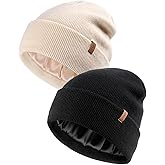 FURTALK 2 Pack Satin Lined Beanie for Men Women Acrylic Winter Hats Warm Silky Skull Cap