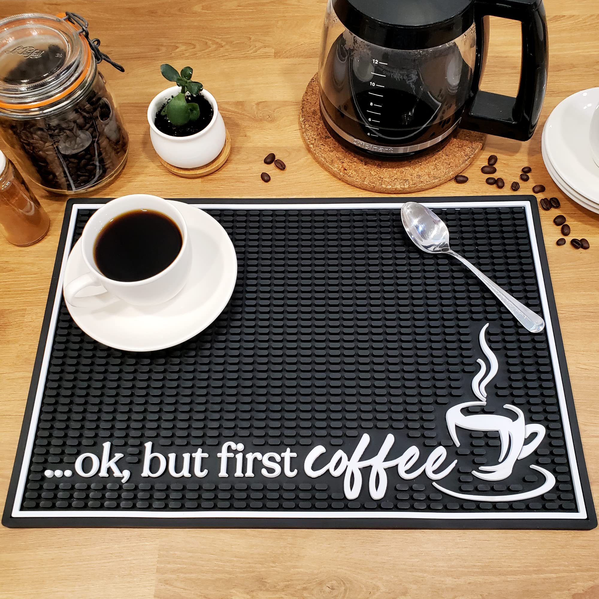 New Mungo Coffee Bar Mat – “Ok But First Coffee” – Spill-Proof PVC Coffee Station Mat, Non-Slip Countertop Protector 18