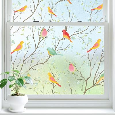 Lifetree Stained Glass Window Film Birds Pattern Privacy No Glue 90x300cm