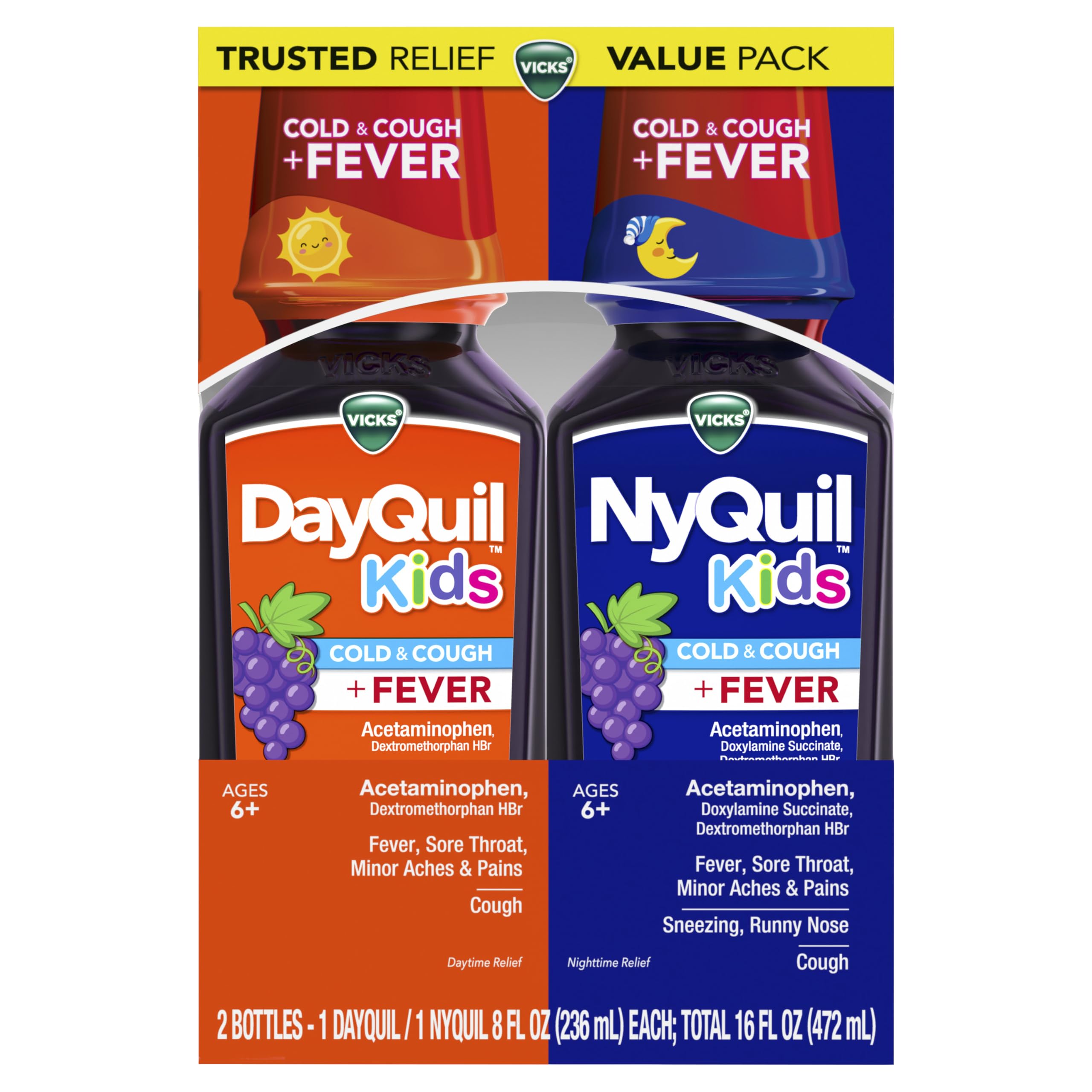 Vicks DayQuil and NyQuil Kids Grape Cold & Cough + Fever Multi-Symptom Relief Liquid Co-Pack, Specially Formulated for Kids Ages 6+, 2x8 OZ
