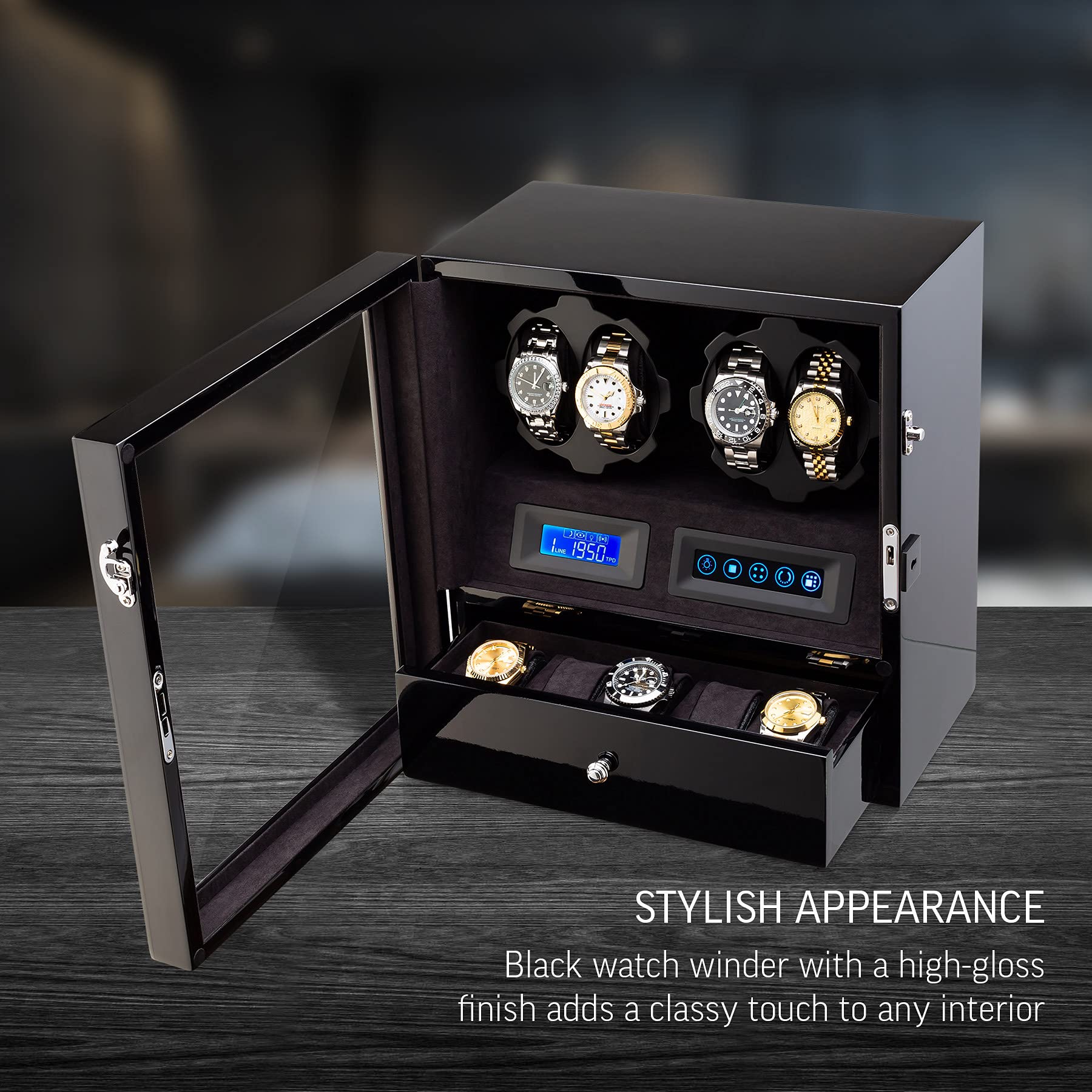 4 Watch Winder with 5 Watch Storage Space, LCD Display, Touch Control and Interior Light