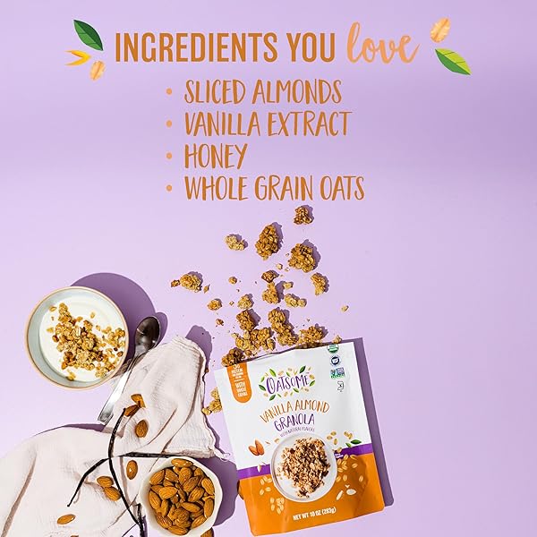 OATSOME VANILLA ALMOND GRANOLA, GLUTEN FREE, NON-GMO, 5G PROTEIN, MADE WITH WHOLE GRAIN ORGANIC OATS, HONEY, ALMONDS, & VANILLA, FOR PROTEIN SNACKS CEREALS BREAKFAST YOGURT, 10 OZ BAG
