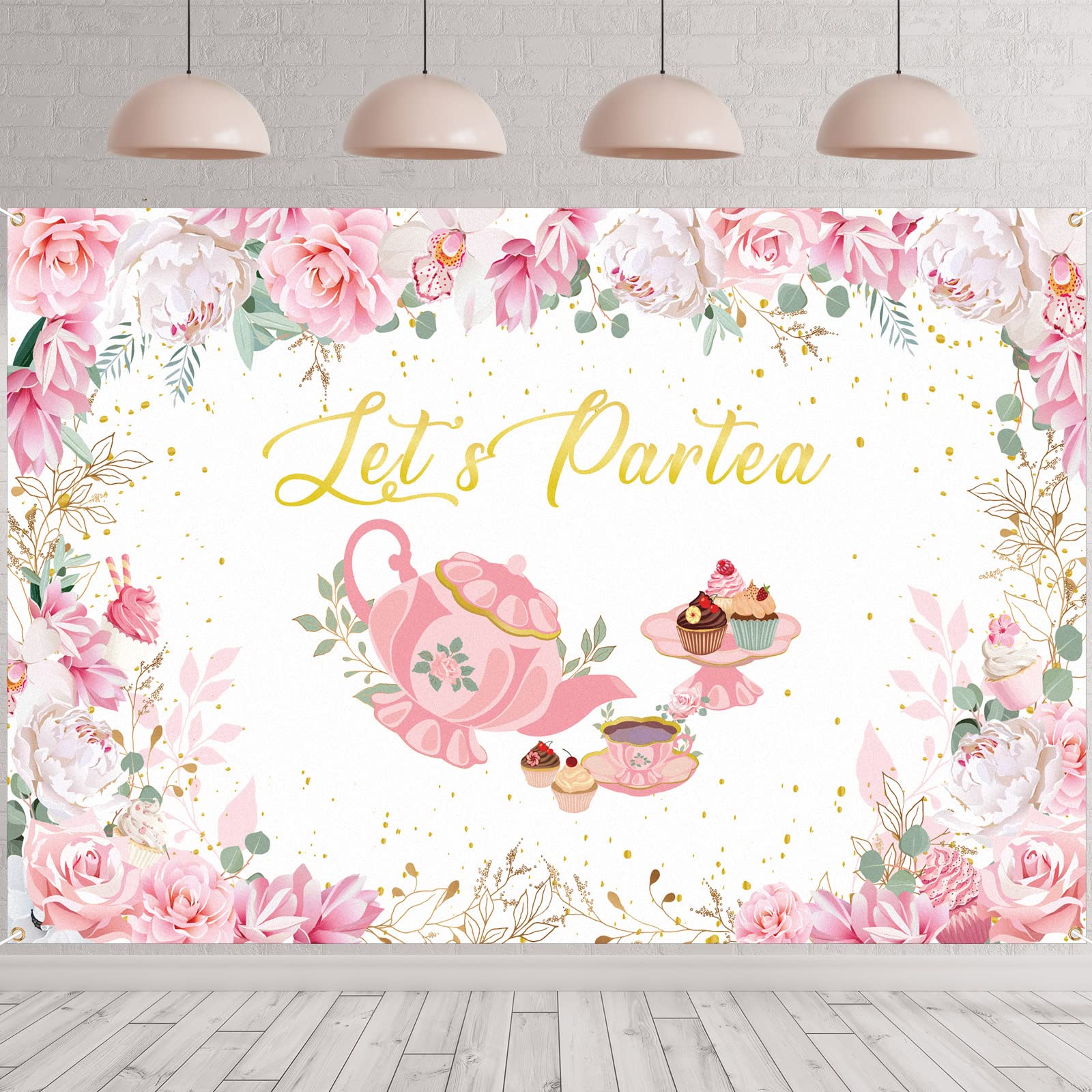 Photo 1 of Tegeme Let's Partea Party Backdrop Tea Party Banner Decorations Background for Shower Birthday Photo Prop(7 x 5 ft,White)