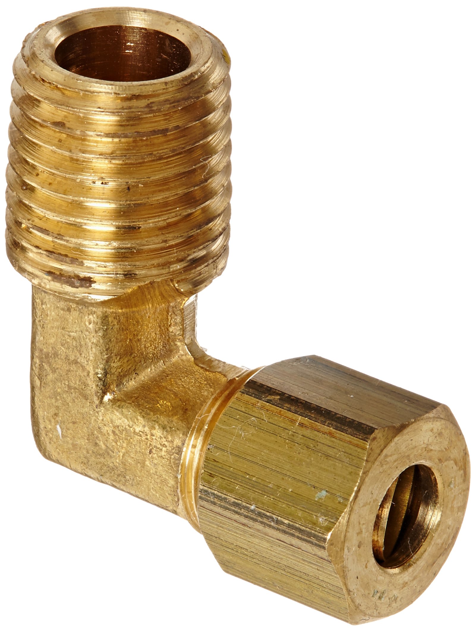 Photo 1 of Anderson Metals 50069 Brass Compression Tube Fitting, 90 Degree Elbow, 1/4" Tube OD x 1/4" NPT Male Pipe