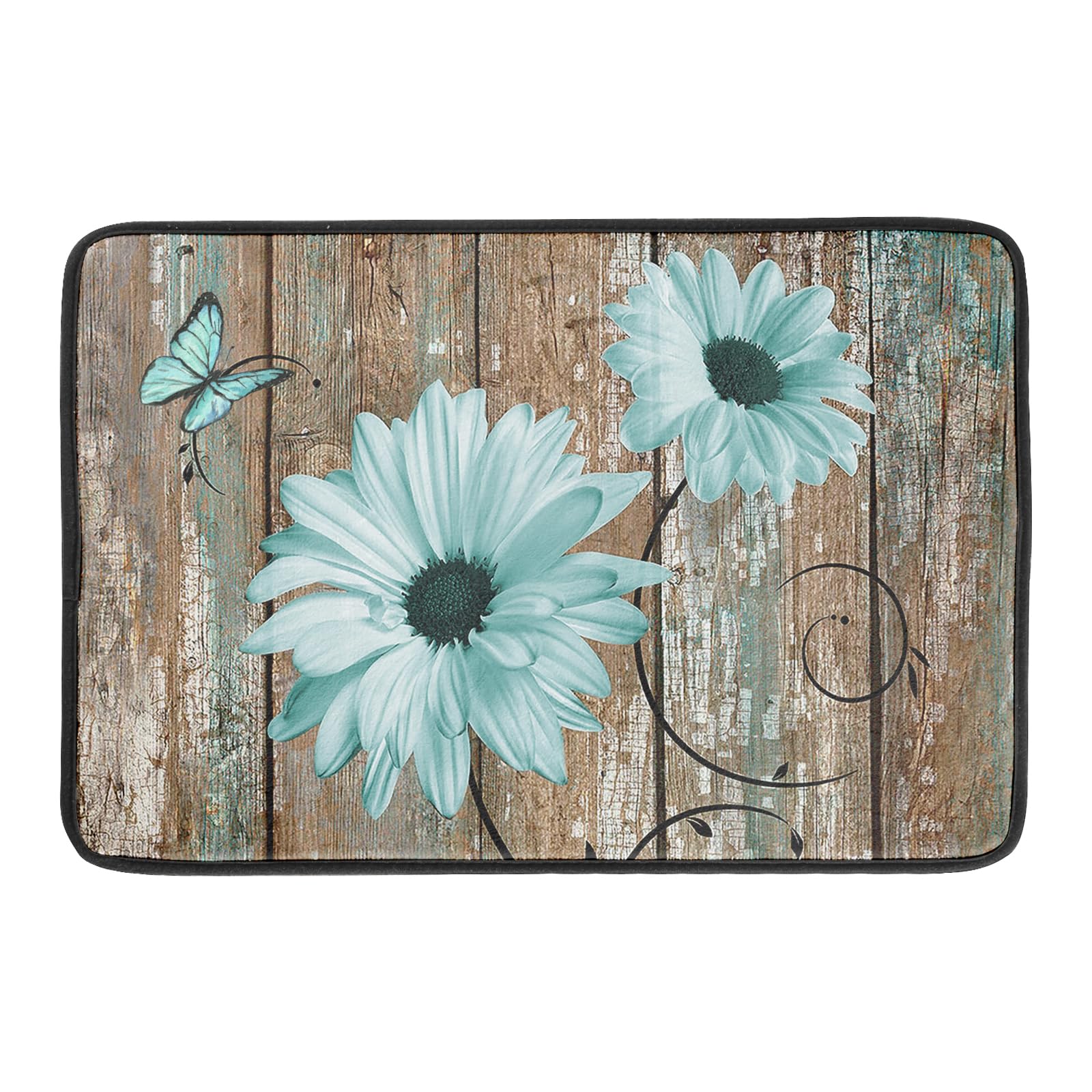 Photo 1 of Rustic Daisy Dish Drying Mat for Kitchen Countertop 18x24 inch Teal Sunflowers on Wooden Board Dish Drainer Mats Fast Drying Country Vintage Style Shabby Chic Flower Dish Drying Pad Decor Large
