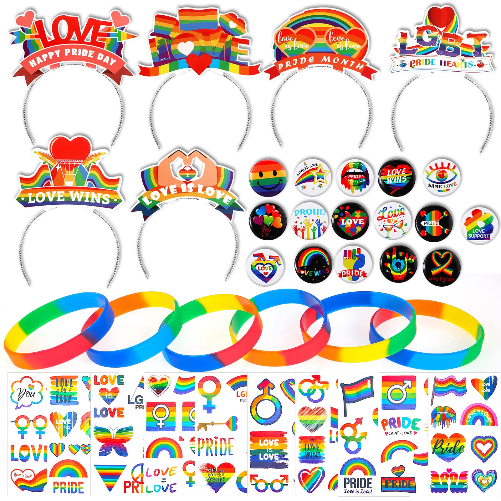 DPKOW Gay Pride Party Decorations LGBT Accessories Kit Gay Pride Bracelet Button Pins Badge Headband Tiara Pride Tattoos for Cosplay,Carnivals,Marches,Celebration Parade Pride Decorations,44 Pieces