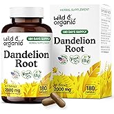 Wild & Organic Dandelion Root Capsules - Liver Supplement - 2000 mg of Fresh Dandelion Root Powder per Capsule - 180 Vegan Capsules - 6 Month Supply - No Fillers, Non-GMO