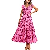 MASCOMODA Womens Summer Maxi Dress Casual V Neck Cap Sleeve Smocked Dresses Ruffle Tiered Beach Party Long Flowy Sundresses