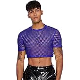 WDIRARA Men's Fishnet Mesh Tee Shirt Round Neck Short Sleeve Crop Top