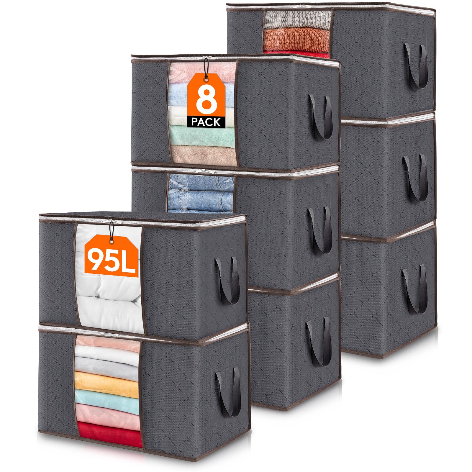 Lifewit 95L Clothes Storage Bags Large Storage Box With Lid Packing Boxes for Moving House With Reinforced Handle Thick Fabric Clear Window for Clothes Duvet Blankets Bedding, 8 Pack, Grey