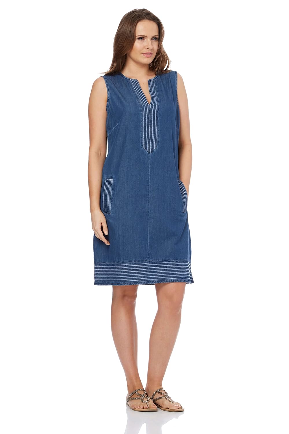 Roman Originals Women Shift Denim Dress Ladies VNeck Sleeveless Knee