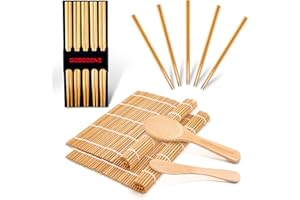 GOSGOON1E 9PCS Premium Sushi Making Kit, Thicken Bamboo Sushi Mat, Including 2 Sushi Roller, 5 Pairs of Reusable Chopsticks, 1 Paddle, 1 Spreader, Sushi Maker Kit Set Ideal for Beginners by GOSGOONE