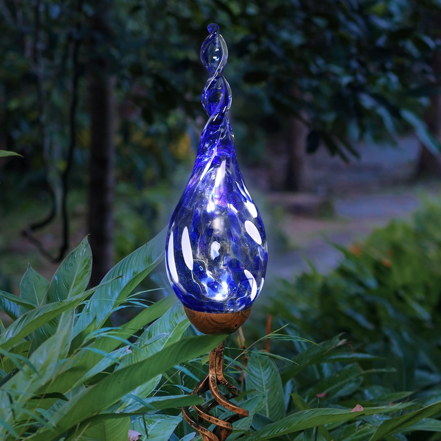 Decorative Garden Stakes - Exhart Garden Solar Lights, Decorative LED Flame Garden Stake, Hand Blown Glass and Metal Outdoor Decoration, Twist Blue, 3 x 36 Inch