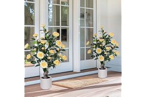 Yepdin 2 pcs Pack Yellow Artificial Camellia Tree - 39 inch Faux Plants with White Planter,3.2 Ft Artificial Plants Indoor Outdoor,Housewarming Gift