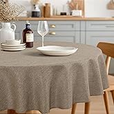 JIUZHEN Round Table Cloth Faux Linen Farmhouse Tablecloth Wrinkle and Stain Resistant Decorative Fabric Table Cover for Kitchen, Dining Room, Parties and Camping, Khaki, 120 Inch Round
