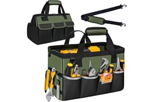 NECKORY Tool Bag, Portable Tool Box Organizer Adjustable Shoulder Strap, Carry Tool Tote Heavy Duty Tool Storage Bag With Wide Mouth,Tool Bags for Men Mechanic EngineerGift - L, Army Green & Black