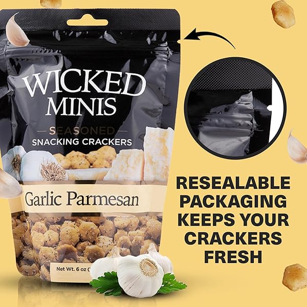 WICKED MINIS SOUP & OYSTER CRACKERS – SALTINE CRACKERS SALTED FLAVORED MINI PUFFED SOUP CRACKERS, SAVORY SNACKING MIX, SEASONED CROUTONS SALAD TOPPERS, CRACKERS FOR CHILI 6OZ (GARLIC PARMESAN)