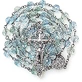 GeekTenet Rosary Beads Chaplet PT Rhombus Aquamarine Artificial Crystal Glass Rosery Cross Catholic gifts