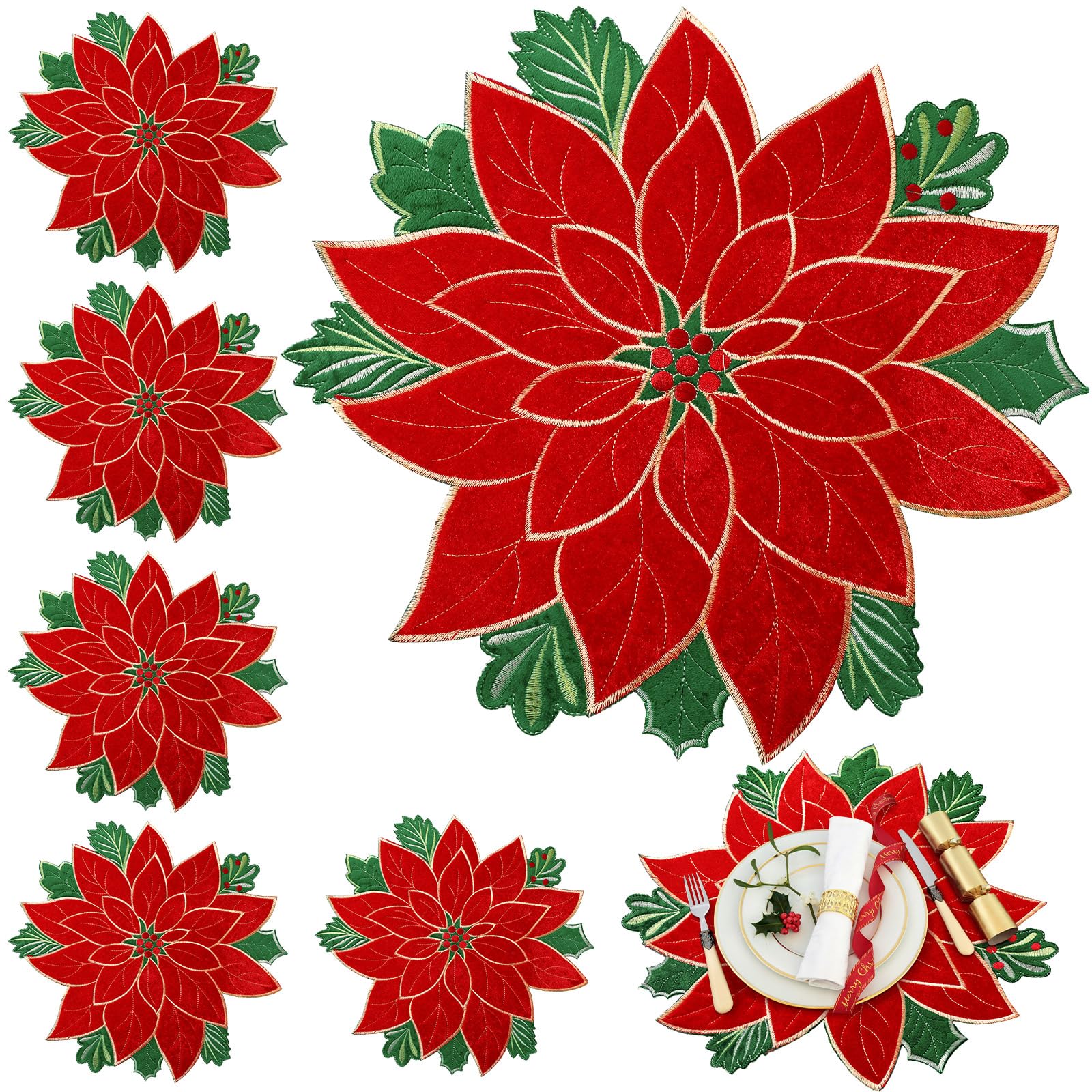 Photo 1 of HunnmingRe 6 Pcs Christmas Velvet Placemats 14 Inch Embroidered Christmas Table Mats Set Double Layer Xmas Placemats for Xmas Holiday Tabletop Home Dining Kitchen(Poinsettia,Red)