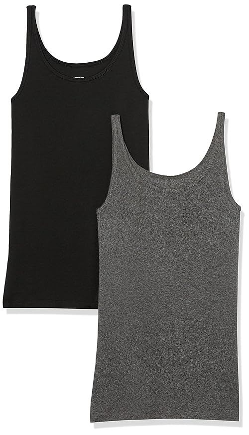 Amazon Essentials Women's Slim-Fit Thin Strap Tank Top, Pack of 2, Black/Charcoal Heather, Small